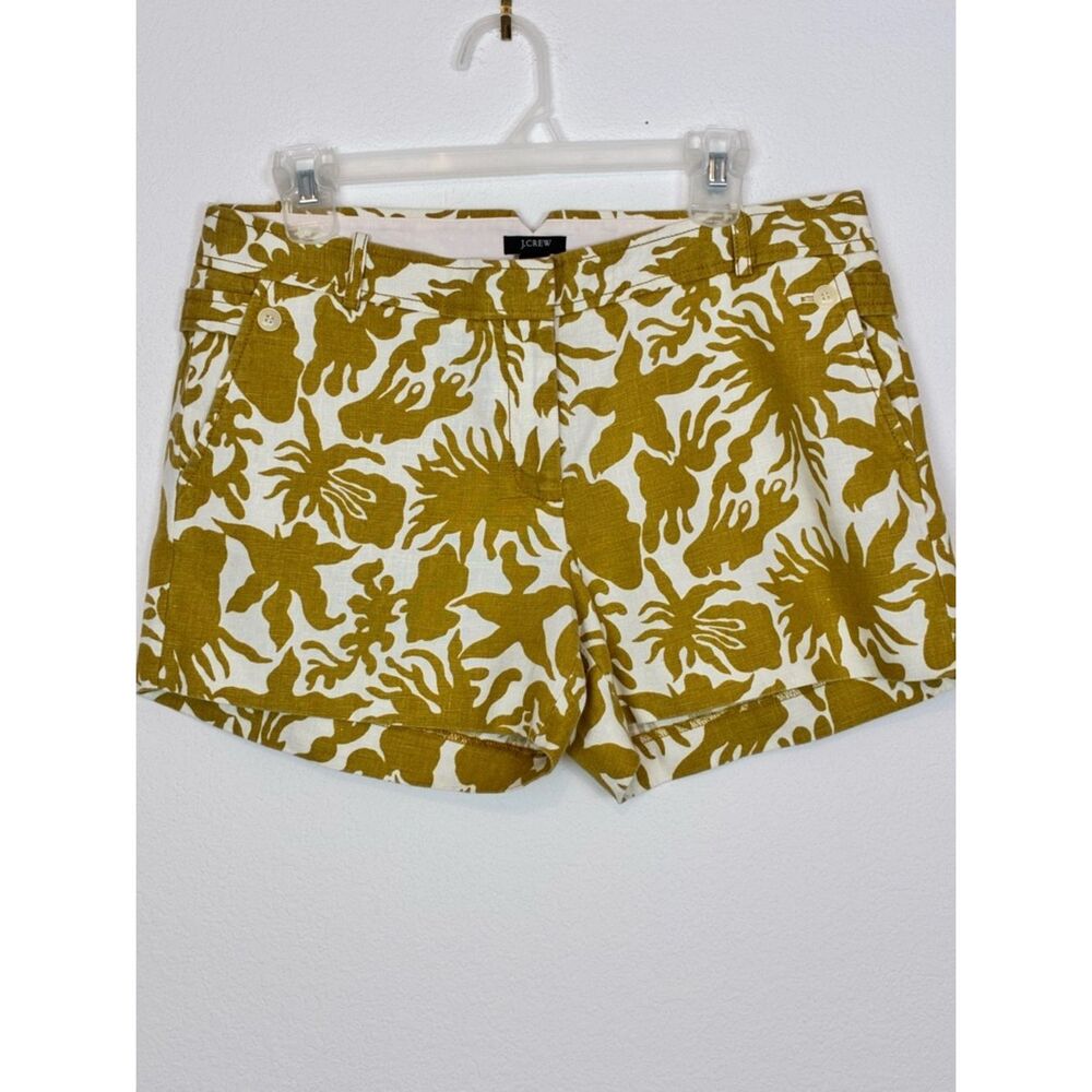 J. Crew Mustard Botanical Print Linen Shorts City Fit